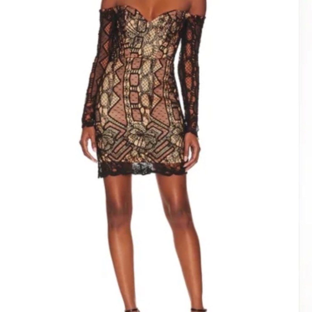 BARDOT 
Zendaya Mini Lace Dress in Black
Black Lace Off-Shoulder Dress Size Smal